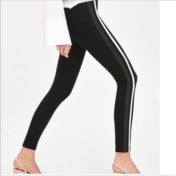 Zara black green/white stripe front zipper pants - Picture 2 of 4